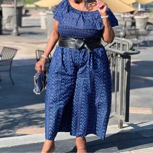 Blue Tribal Print Patterned Cotton Jumpsuit OSFM Ruffle Collar